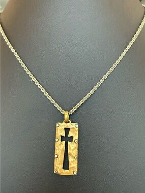 Designer Signed SB Gold Tone Brass Cross Cutout Rectangular Pendant Necklace